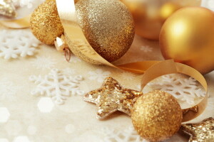 balls, decoration, glare, golden, holiday, New Year, ribbons, Shine