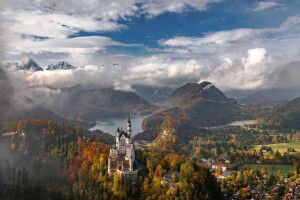 toamnă, Bayern, castel, nori, Germania, lac, munţi, Neuschwanstein