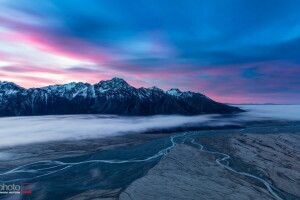 nubes, altura, montañas, panorama, río