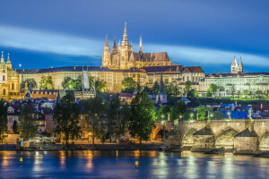 Bridge, Czech Republic, home, lights, Prague, river, St. Vitus Cathedral, Vltava