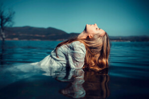 fille, dans l'eau, réflexion, humide