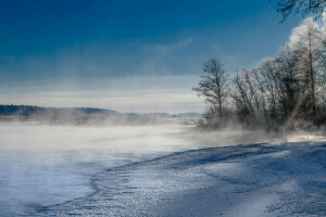 parejas, niebla, lago, montañas, nieve, el cielo, arboles, invierno