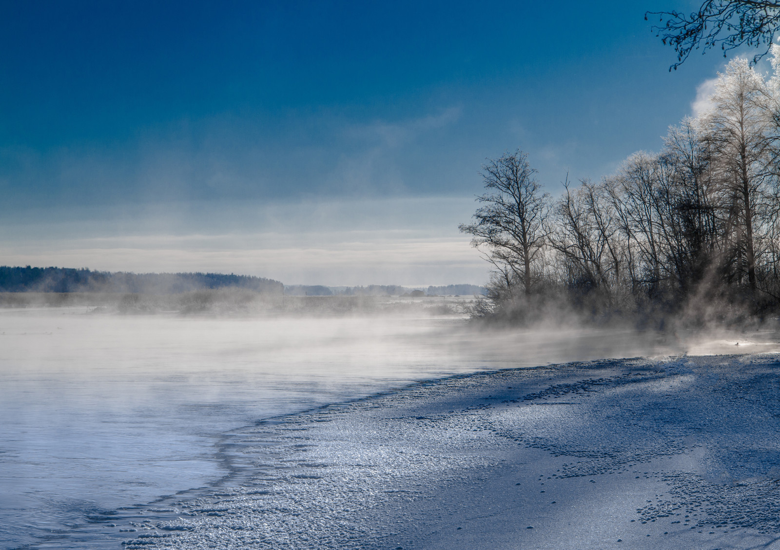 sneeuw, de lucht, meer, winter, bomen, bergen, mist, koppels