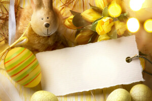 bokeh, card, Easter, eggs, figure, flowers, hare, holiday