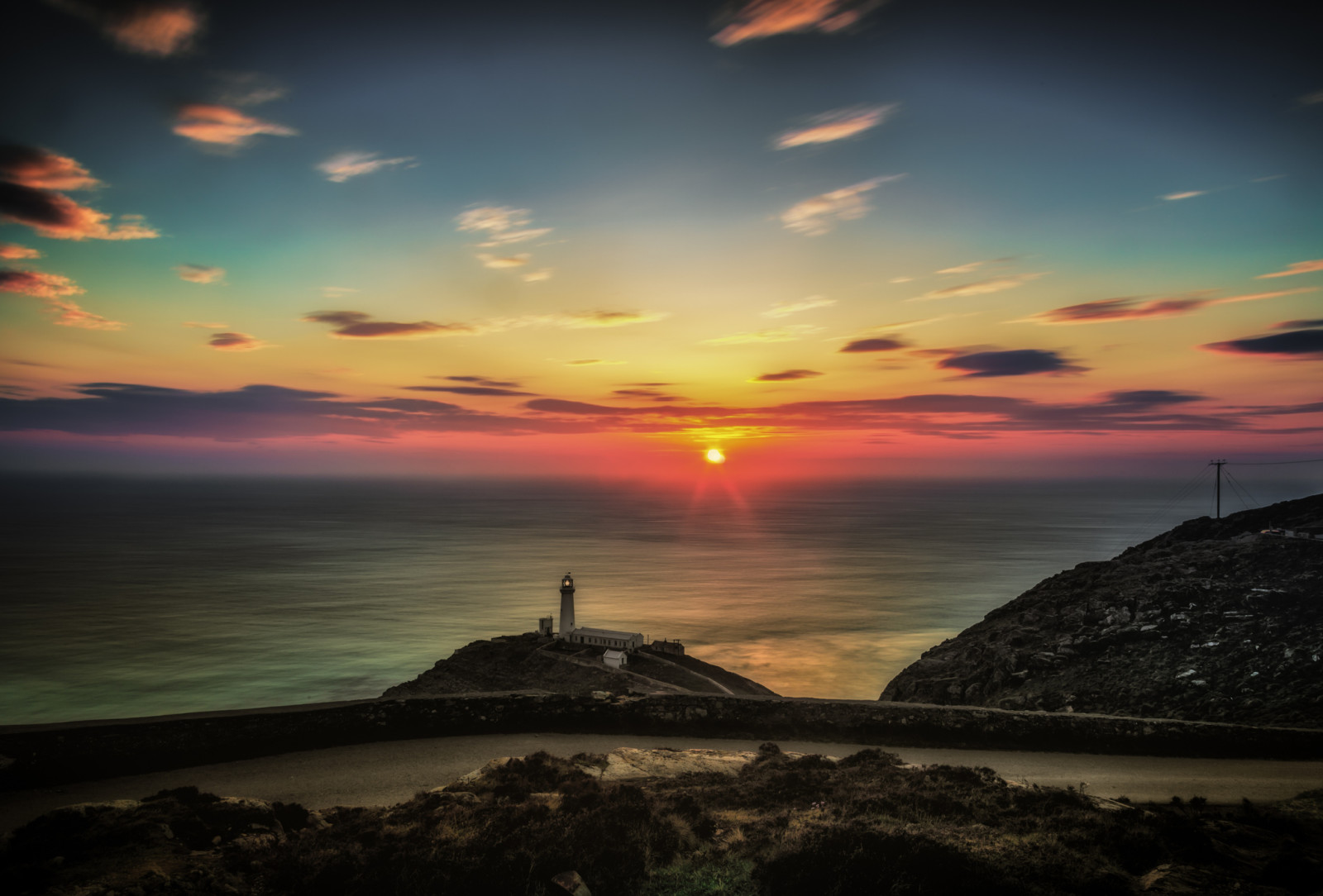 panorama, estrada, O oceano, Farol, o sol, North Wales