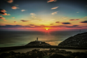 paisaje, Faro, Norte de Gales, la carretera, El océano, el sol