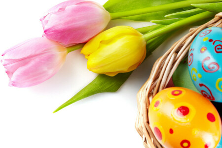 decoration, Easter, eggs, flowers, happy, spring, tulips