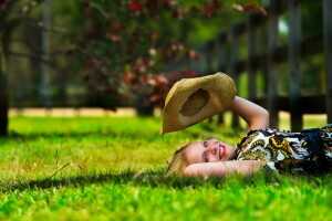 fille, chapeau, ambiance, été