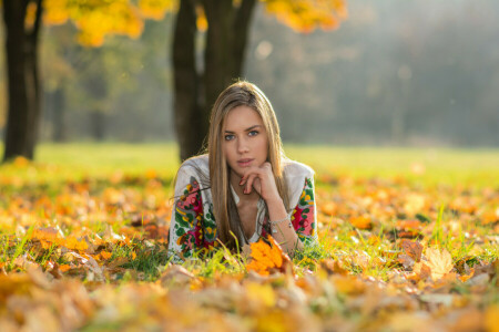 herfst, SCHOONHEID, gezicht, meisje, haar-, kijken, natuur