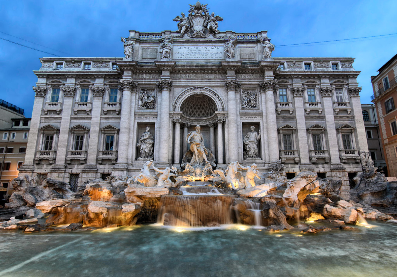 der Abend, Beleuchtung, Wasser, Italien, Rom, Skulptur, Brunnen, Trevi