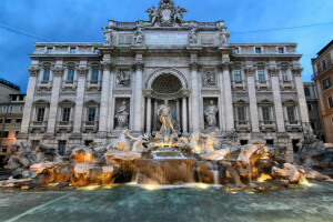 fuente, Italia, luces, Roma, escultura, la noche, Trevi, agua