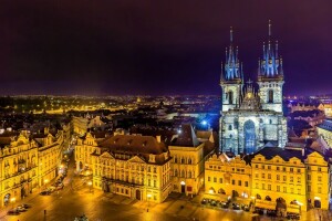 area, building, Czech Republic, home, lights, night, Old town square, Palace