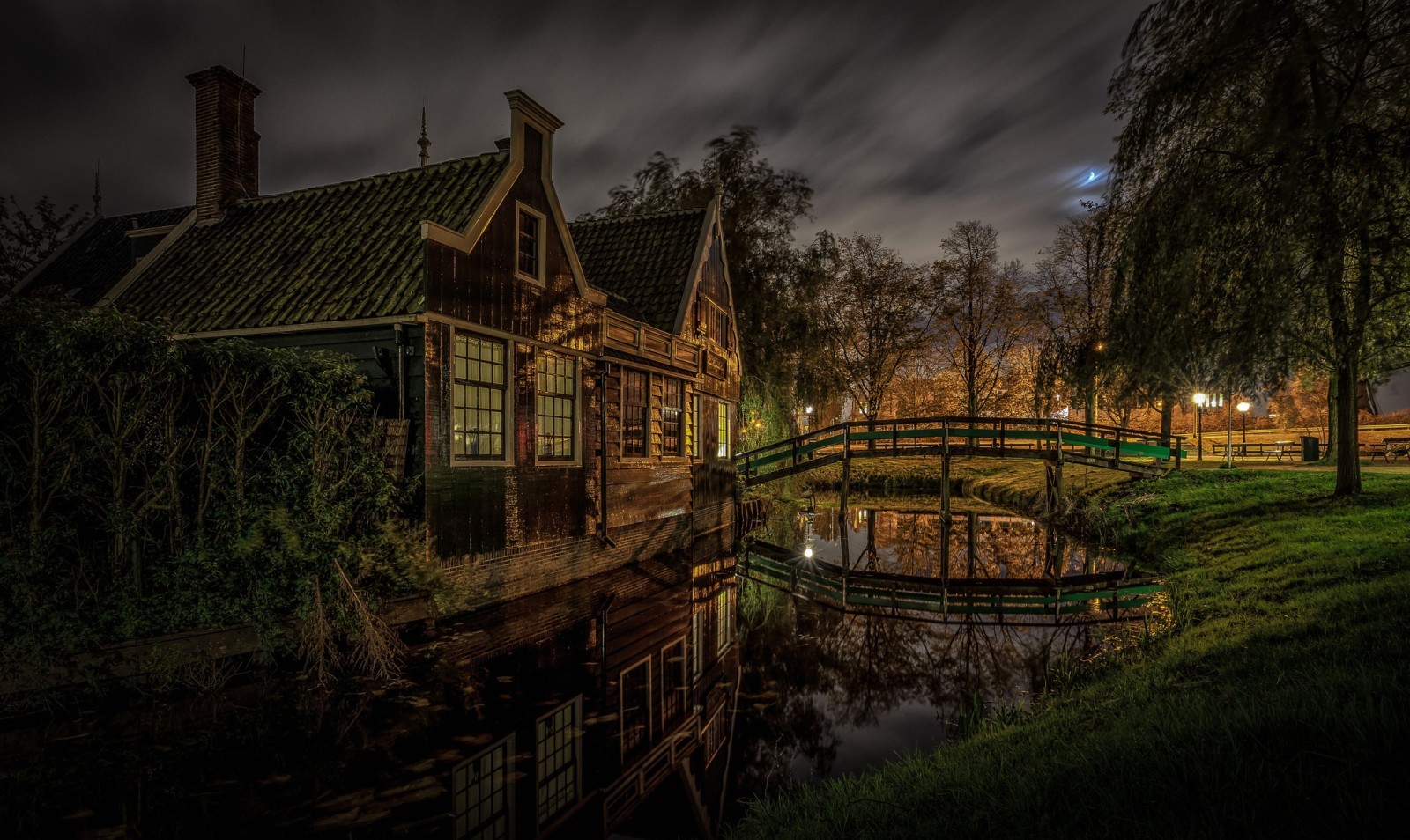 canale, notte, casa, Olanda, il ponte, The Zaanse Schans