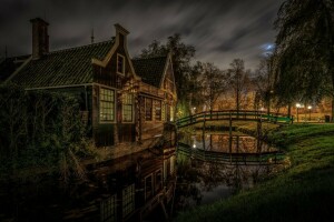 kanal, ev, Hollanda, gece, köprü, Zaanse Schans'ı