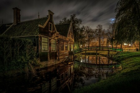 kanał, Dom, Holandia, noc, most, The Zaanse Schans