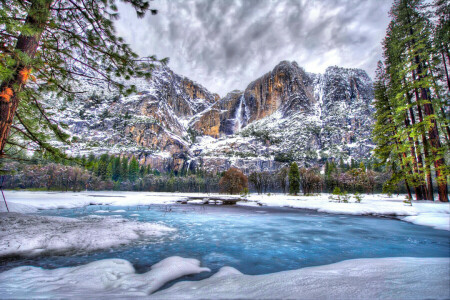 HDR, See, Berge, Schnee, Bäume, USA, Winter, Yosemite Nationalpark