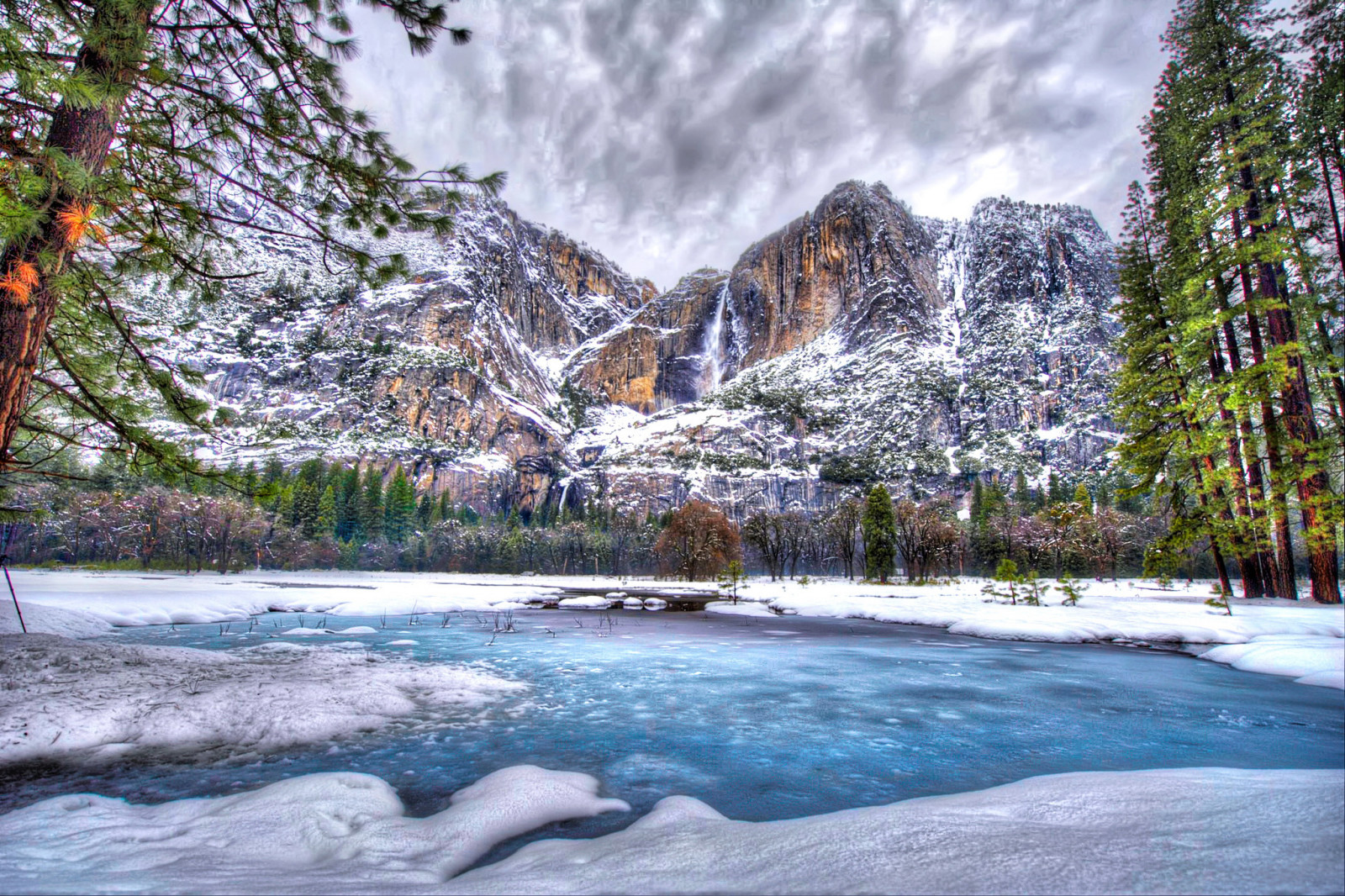 snow, lake, winter, trees, mountains, USA, HDR, Yosemite National Park