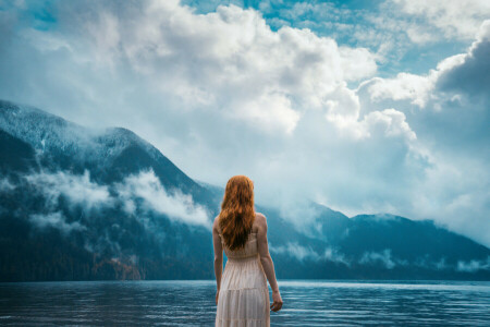 dreaming, fog, girl, lake, Mist, red, spring