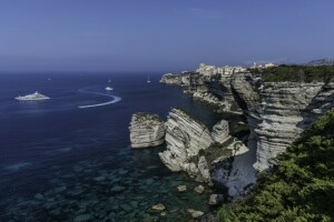 Boniface, Bonifacio, costa, Corsica, Francia, rocce, mare, yachts