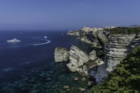 Bonifacio, Bonifacio, costa, Córcega, Francia, rocas, mar, yates