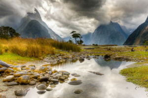 lake, Milford Sound, Mountain, New Zealand