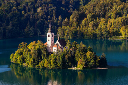 Church, forest, island, Lake bled, mountains, nature, Slovenia