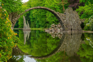 Bridge, bridge Rocketspace, Devil's Bridge, Germany, Kromelow, Kromlau, lake, lake Rakott