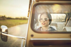 2CV, Citroen, fille, verre, Arrière, route, le soleil