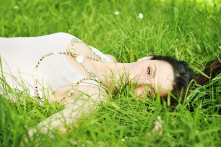 brown eyes, face, girl, grass, hair, lies, look, Mike