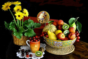 baies, bol, tasse, fleurs, fruit, melon, Nature morte, table