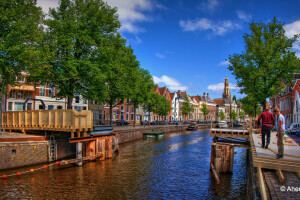 Bro, konstruktion, Groningen, HDR, Holland, promenade, flod