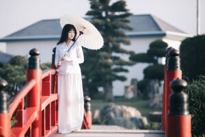 asiatique, fille, parapluie