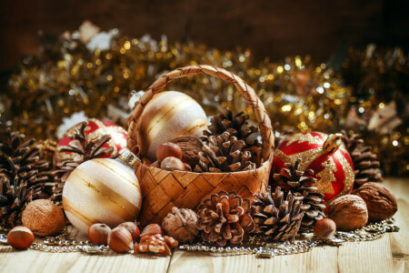 balls, basket, bokeh, bumps, Christmas, glare, hazelnuts, holiday