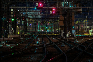 power lines, railroad, train station