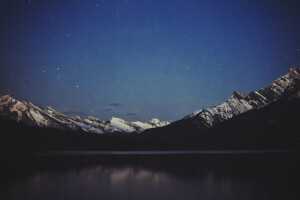 lago, montagne, riflessione, stelle, il cielo