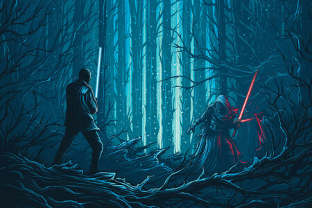 Adam Driver, arte, finzione, Combattimento, finlandese, foresta, John Boyega, Kylo Ren