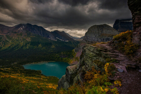 nuvens, lago, montanhas, pedras, o céu