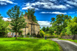 Benches, clouds, Downham, England, estate, grass, greens, house