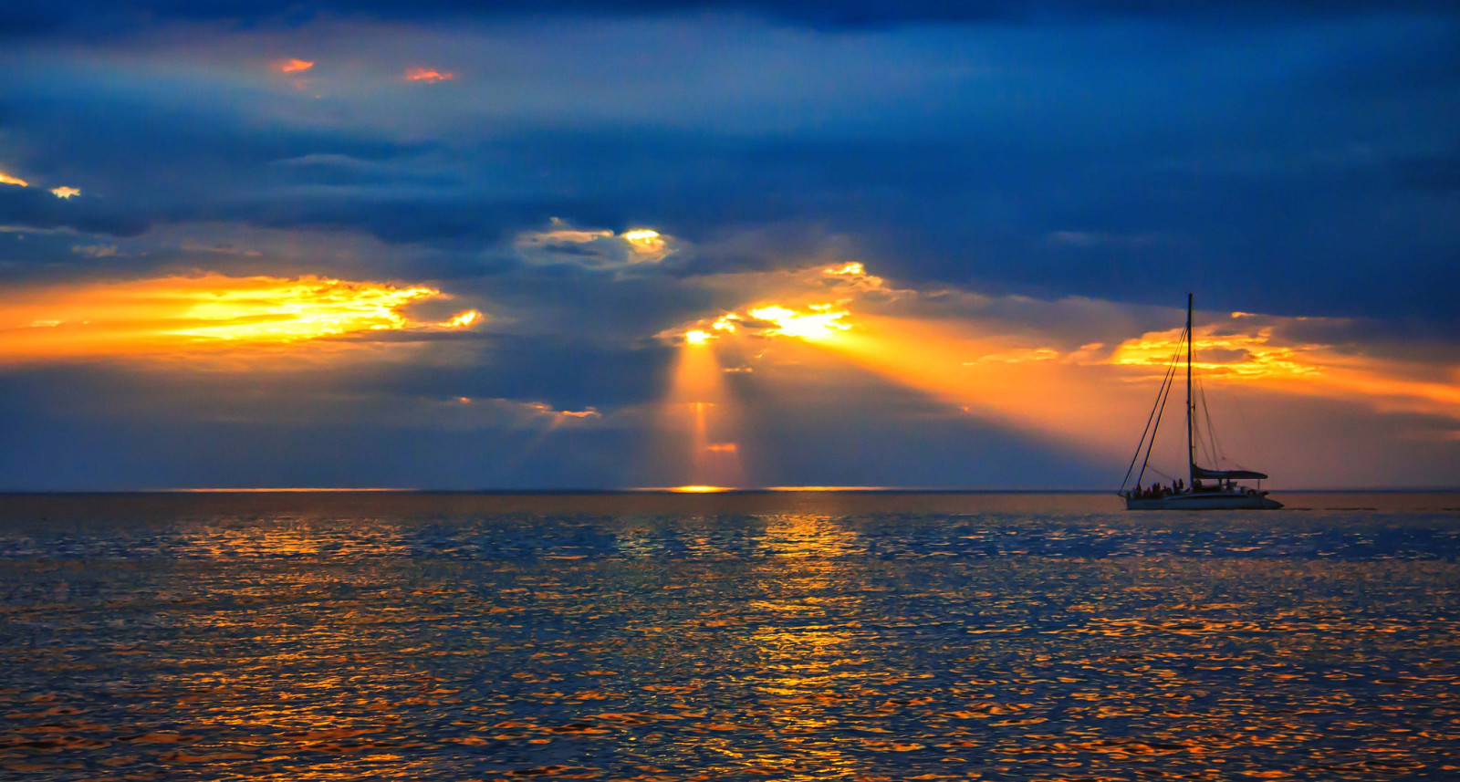 de lucht, zonsondergang, zee, wolken, Rays, boot, jacht