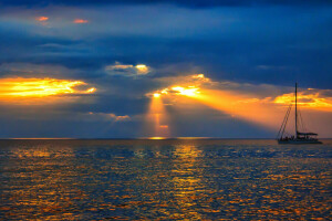 boat, clouds, Rays, sea, sunset, the sky, yacht