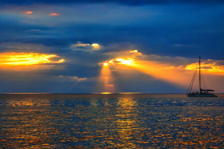 barco, nuvens, Raios, mar, pôr do sol, o céu, iate