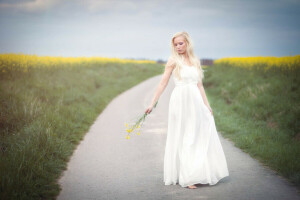 fleurs, fille, route