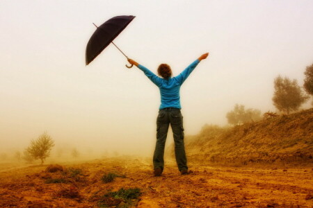 fille, ambiance, parapluie