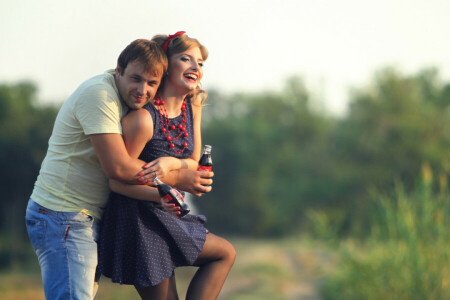 bokeh, bottle, Coca-Cola, drink, hugs, Joy, lovers, male