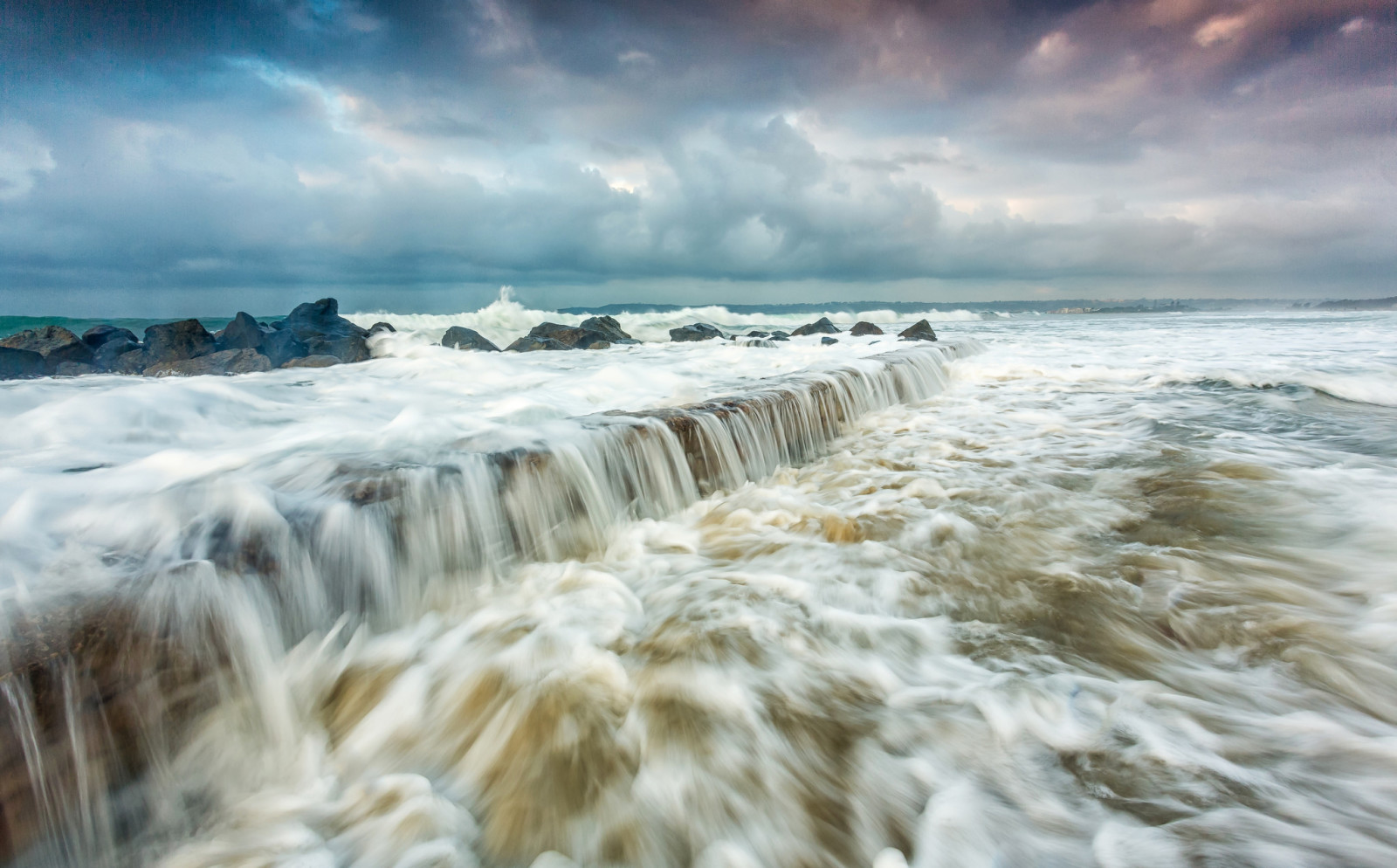 the sky, shore, sea, clouds, rocks, wave, storm, squirt