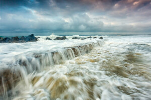 Wolken, Felsen, Meer, Ufer, spritzen, Sturm, der Himmel, Welle