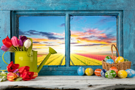 decoración, Pascua de Resurrección, huevos, flores, contento, primavera, tulipanes, ventana