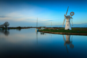 bateau, canal, Le ciel, MOULIN À VENT, yacht