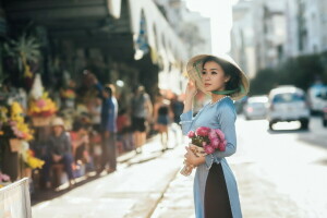 asiatique, fleurs, fille, rue