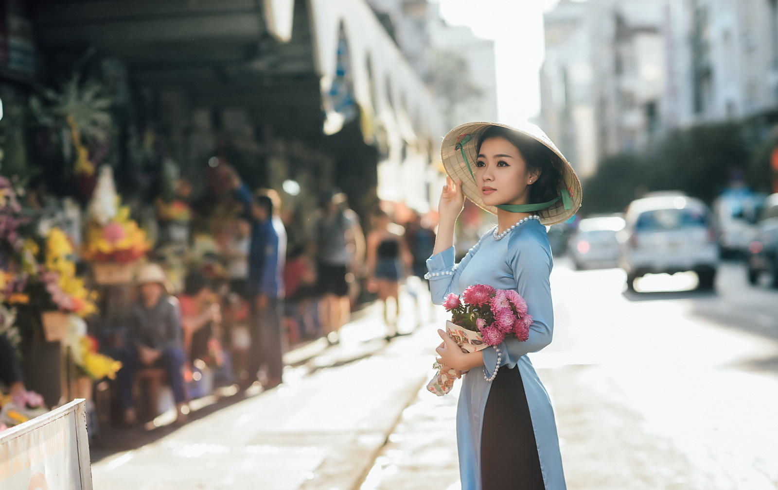 rue, fille, fleurs, asiatique